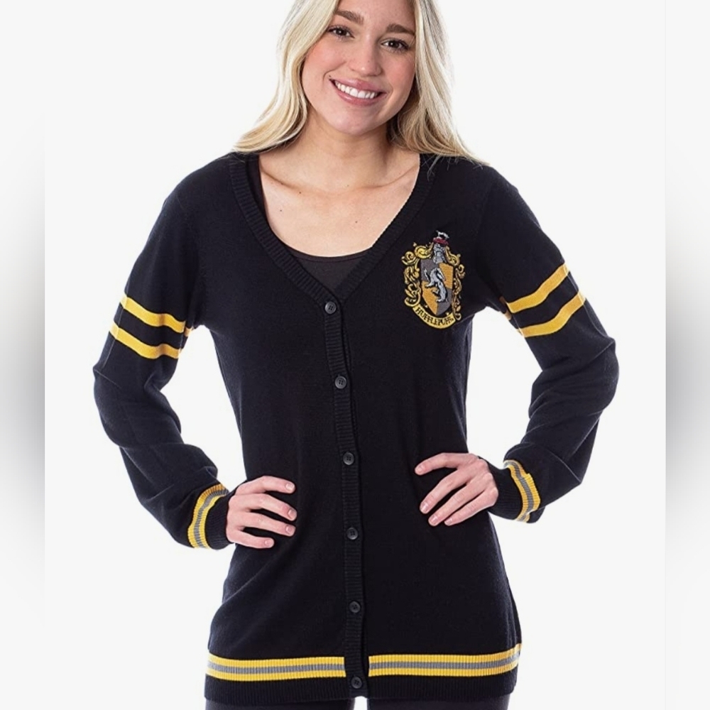 HARRY Potter Womens Hufflepuff House Open Front Cardigan Juniors Knit Sweater M